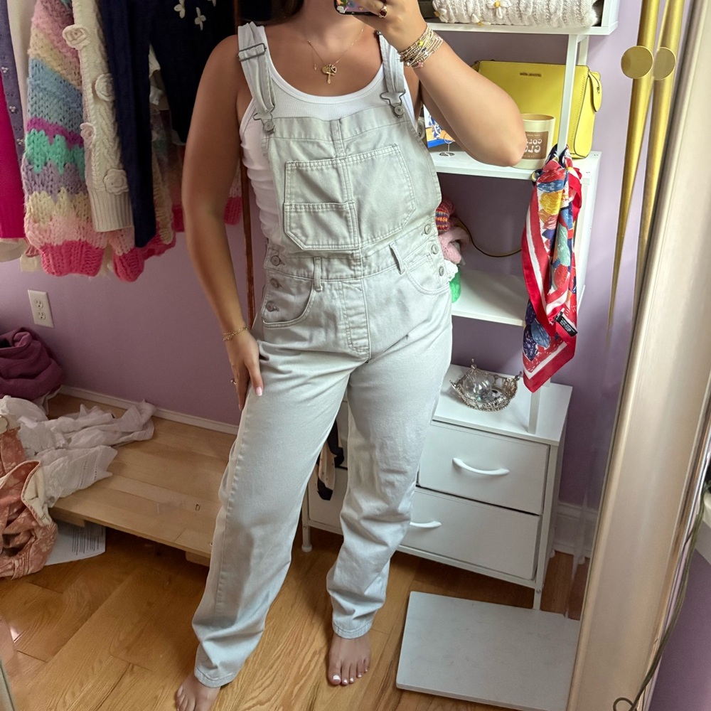 Free People Ziggy Straight Leg Light Gray Denim Overalls